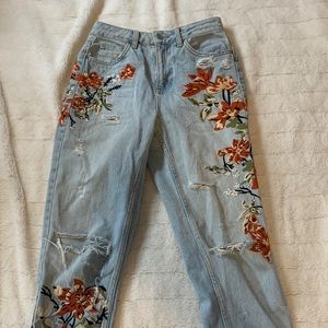 TopShop Floral Embroidered Ripped Denim Jeans